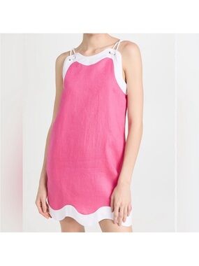 STAUD Pink and White Scalloped Shift Dress